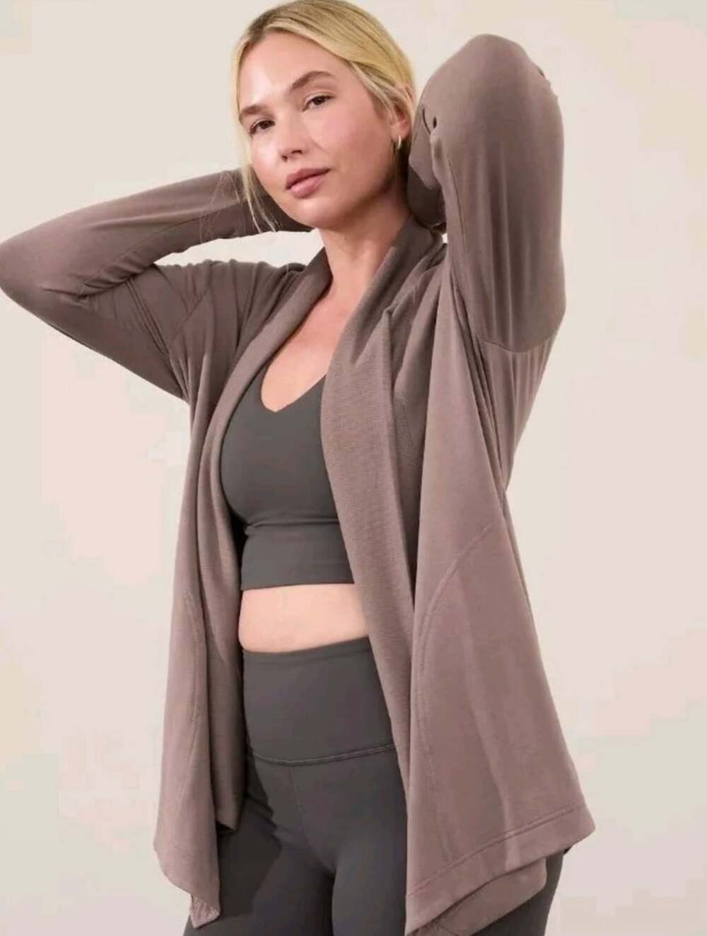 Athleta Taupe Pyrite Pranayama Restore Wrap Open Front Cardigan Size S